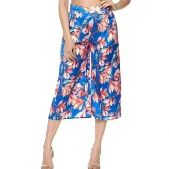2 piece Coord Set cropped top and wide legged pants Blue with floral Print - Picture 3 of 4